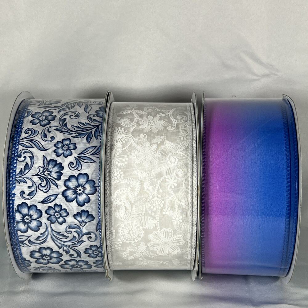 Lot of 3 Ribbon Kirkland White & Blue Floral Ombre Everyday to Birthday 150 Yds
